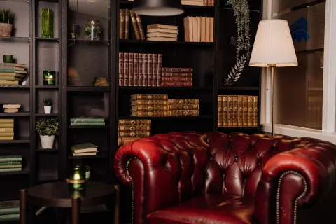 Mysig lounge med bokhyllor och skinnsoffa på hotell i Bohuslän